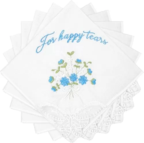 6 Pcs Wedding Handkerchief Women 11" Happy Tear Handkerchief Something Blue Gift for Bride Mother Blue Floral Ladies Hankies with Lace Embroidered Cotton Bridesmaid Bridal Bachelorette Party