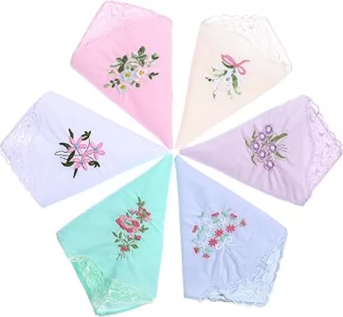 6 Pcs Women's Cotton Floral Embroidered Handkerchiefs Elected Hanky Ladies Hankies with Lace for Wedding Party
