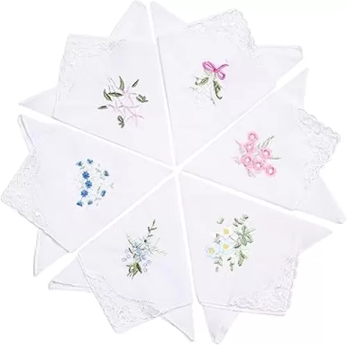 6pcs Ladies Handkerchiefs, Soft Cotton Blend Flower Embroidered Hanky Vintage Floral Style with Lace Edging for Wedding Party