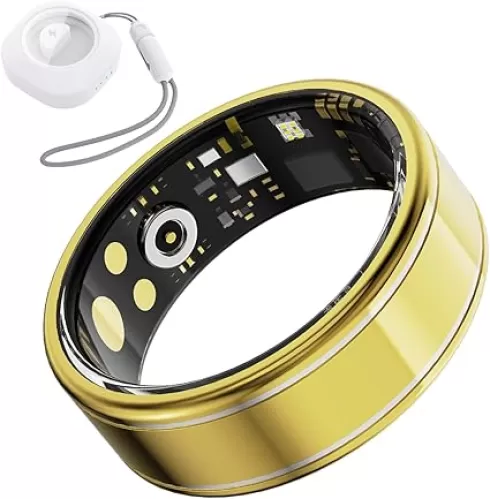 Activity Tracker Ring for Men Women – Smart Ring with Heart Rate, SpO2, Blood Pressure, Sleep Monitoring, Step & Calorie Counter, 5ATM Waterproof, No Subscription Fee (Gold 9)