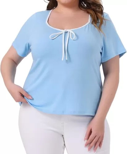 Agnes Orinda Plus Size Blouse for Women Sweetheart Neck Contrast Trim Tie Knot Short Sleeve t Shirts Trendy Tops Tee