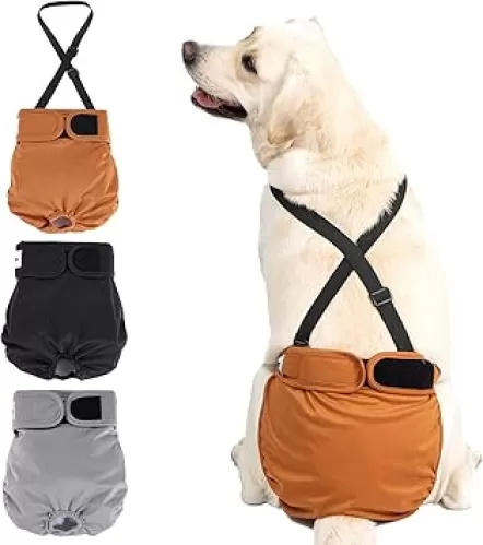 Avont 3 Pack Washable Female Dog Diaper with 1 Suspender, Reusable Girl Doggie Underwear Pants for Heat Cycle Period Incontinence Detachable Strap -Brown/Black/Grey XS