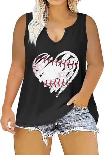 Baseball Heart Printed Womens Tank Tops Plus Size Casual 2025 Summer V Neck Sleeveless T-Shirts Loose Festival Tunic Blouses