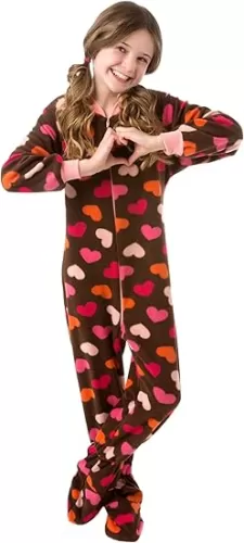 BIG FEET PAJAMA CO. Brown Pink Hearts One Piece Girls Youth Kids Footed Onesie Fleece Footie Pajamas