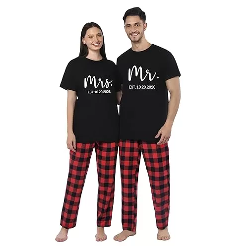 BlushBridesCo 4 Pcs Matching Pajamas Sets for Couples, 100% Cotton Plaid Pjs for Women Men Couple Gifts, Mr and Mrs Couple Matching Pajamas, Newlywed Couples Gift, Wedding Gift, Gift for Him, Gift for Her, Matching Family Pajamas