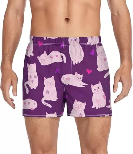 Cartoon Kitten Heart Purple Men's Cotton Boxer Shorts Pajama Bottoms with Button Fly Underwear Sleep Shorts