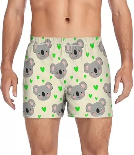Cartoon Koala Hearts Beige Men's Cotton Boxer Shorts Pajama Bottoms Underwear Sleep Shorts with Button Fly