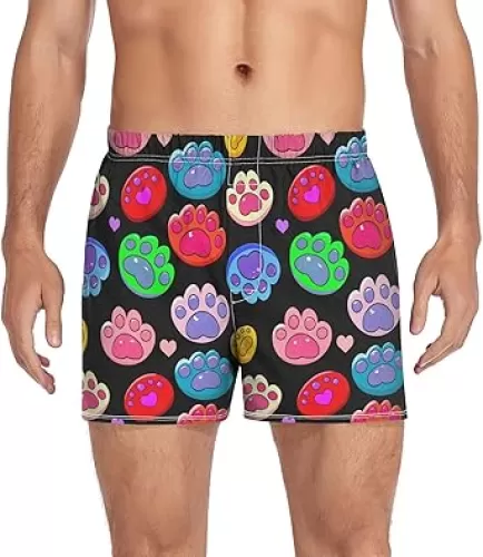 Cartoon Paw Heart Dark Men's Cotton Boxer Shorts Pajama Bottoms Sleep Shorts Underwear with Button Fly