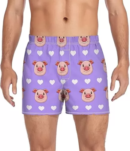 Cartoon Pig Heart Men's Cotton Boxer Shorts Moisture-Wicking Underwear Sleep Shorts with Button Fly Pajama Bottoms