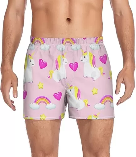 Cartoon Unicorn Hearts Stars Men's Cotton Boxer Shorts Pajama Bottoms Underwear Sleep Shorts with Button Fly