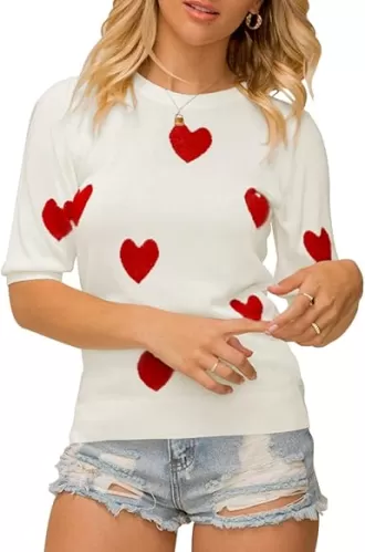 Chang Yun Women's Puff Short Sleeve Sweater Tops Crew Neck Cute Heart Print Valentines Lightweight Knit Pullover Shirts
