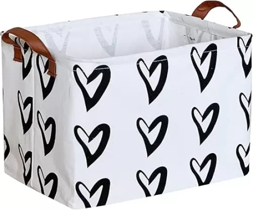CLOCOR Heart Rectangular Basket, Cute Pattern Storage Bin, Collapsible Waterproof Storage Box with Handles for Kids, Gift Baskets, Toy Organizer, Shelf Basket (Black Hearts)