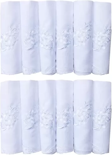 CoCoUSM Womens White Embroidered Cotton Lace Handkerchiefs Pack Bulk