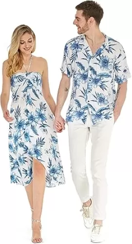 Couple Matching Hawaiian Luau Party Outfit Set Shirt Dress in Black Rafelsia