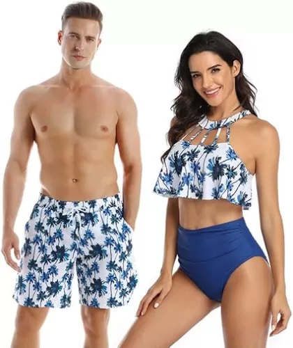 Couples Matching Swimsuit High Waist, Blue Coconut Trees, Beach Bathing Matching Swimwear