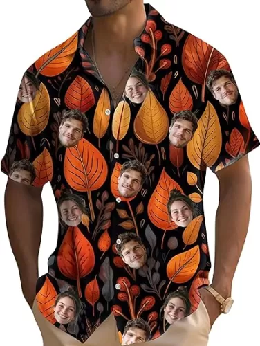 Custom Face Hawaiian Shirt for Men Fall Personalized Funny Autumn Button Down Hawaiian Shirts w/Photo