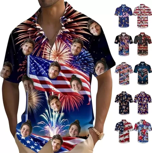 Custom Face Hawaiian Shirt for Men USA Flag Personalized Funny 4th July Button Down Hawaiian Shirts w/Photo