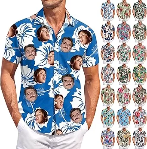 Custom Hawaiian Shirt with Face for Men Personalized Funny Photo Button Down Hawaiian Tshirts Tropical Beach Shirts
