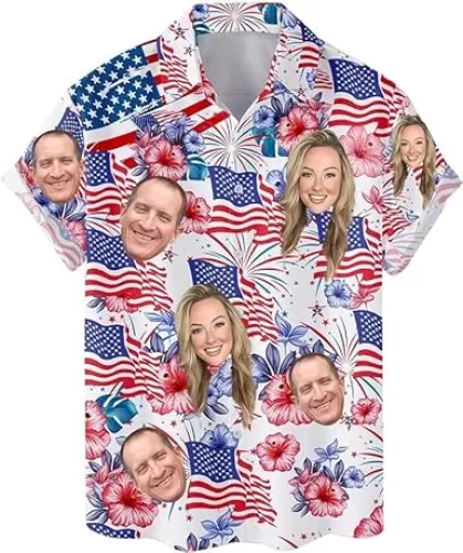 Custom Hawaiian Shirt with Face for Men Women Boy - 4th of July Independence Day US American Flag Patriotic Hawaiian Shirt - Custom Hawaiian Shirt with Pet Face Funny Shirts Gift for Lover