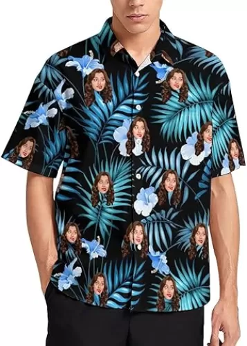 Custom Hawaiian Shirt with Face, Personalized Photo Mens Tropical Floral Shirts Short Sleeve Beach Party Button Down Shirt