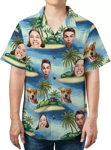 Custom Hawaiian Shirts for Men Women, Custom Hawaii Shirt with Face, Personalized Hawaiian Summer Short-Sleeve, Casual Relaxed-Fit Button-Down, Vacation Holiday Shirt Beige