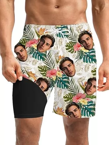 Custom Mens Swim Trunks 7" Personalized Board Shorts with Face Quick Dry Swimsuit Bathing Suit Compression Liner