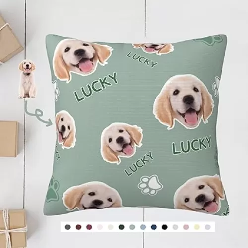 Custom Pet Pillow Cover with Photo, 18" X 18" Personalized Dog Cat Face Pictures Name Two-Sides Printed Cushion Covers, Customized Pet Portrait from Photo Pillow Case For Pet Lover - Pet Memorial Gift