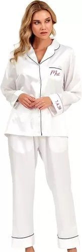 Custom Womens Satin Pajamas Set Wedding Party Bachelorette Party Embroidered Monogrammed Long Sleeve Sleepwear Pjs
