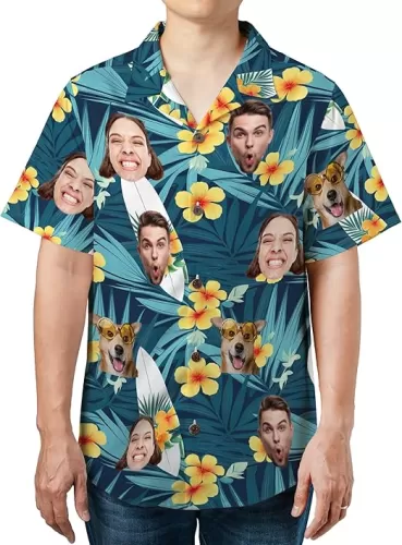 Customized Hawaiian Shirts for Men Women, Custom Hawaii Shirt with Face, Personalized Hawaiian Summer Short-Sleeve, Casual Relaxed-Fit Button-Down, Vacation Holiday Shirt Beige