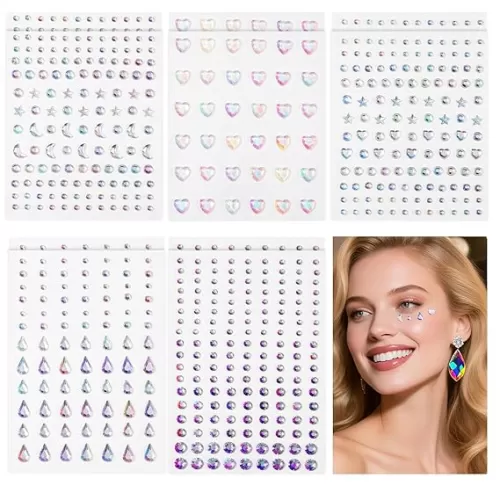 Face Jewels Stickers Self Adhesive 10 Sheets Crystal Rhinestones Gems For Festival Makeup, Reusable Skin-Safe Acrylic Face Body Hair Nail Art Decorations With Stars, Moons, Hearts for Women Accessory