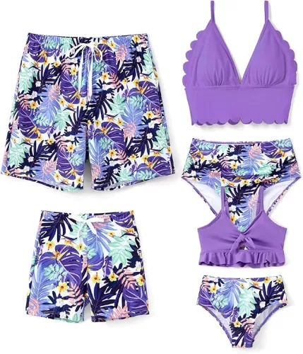 Family Matching Solid Scallop Trim Strappy Two-Piece Swimsuit and Allover Floral Print Swim Trunks Shorts