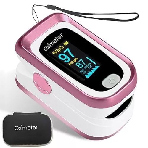 Fingertip Pulse Oximeter, OLED color large screen heart rate monitor for any age, comes with carrying case and lanyard. [Rose Gold]