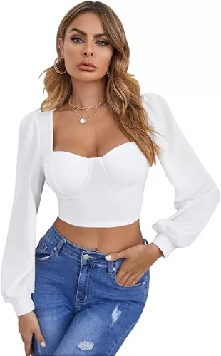 Floerns Women's Elegant Sweetheart Neck Lantern Long Sleeve Blouse Crop Top