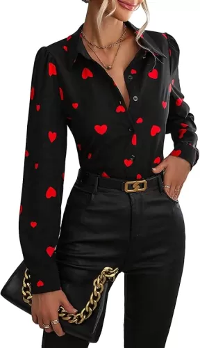 Floerns Women's Heart Print Long Sleeve Button Down Lapel Collar Blouse Top