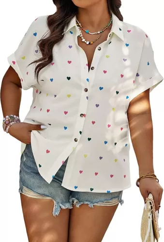 Floerns Women's Plus Size Heart Print Dolman Short Sleeve Button Down Shirts Blouse
