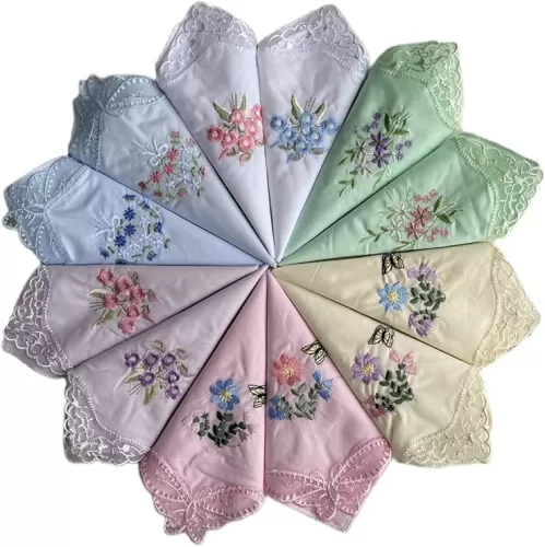 FTSUCQ Womens Vintage Floral Wedding Party Cotton Handkerchiefs, Embroidered with Lace (Lace Handkies-12PCS)