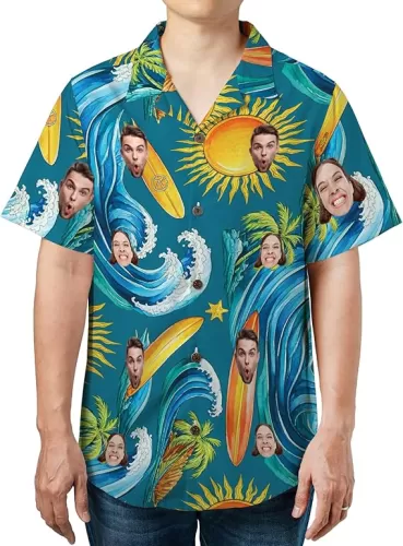 Funny Hawaiian Shirts for Men Women, Custom Hawaii Shirt with Face, Personalized Hawaiian Summer Short-Sleeve, Casual Relaxed-Fit Button-Down, Vacation Holiday Shirt Gift Beige