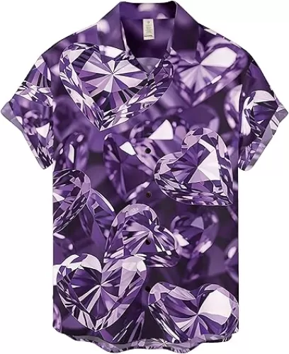 Generic Purple Heart Diamonds Hawaiian Shirt, Beach Shirt for Gift, Short Sleeve Button Down Shirt, Aloha Beach Shirt, Small-5X-Large