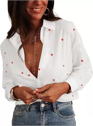 GORGLITTER Women's Business Casual Blouse Long Sleeve Button Down Shirts Heart Print V Neck Fancy Tops