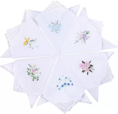 Handkerchiefs for Women, 6 Pcs Boxed Soft Cotton Ladies Handkerchiefs Vintage Flower Lace Embroidered Handkerchief