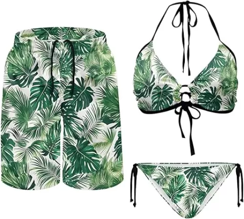 Hawaii Couple Matching Swimsuits Sexy Couple Swimwears Womens Palm Leaves Bikini Sets Remowable Pad Swimming Trunk for Men Family Matching Bathing Suit for Beach Sport-M
