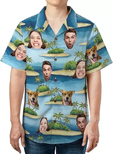 Hawaiian Shirt Custom, Personalized Beach Shirt, Funny Face Summer Vacation Button-Down Shirt with Your Photo, Personalize Hawaiian T-Shirt, Hawaii Shirt for Men & Women Black