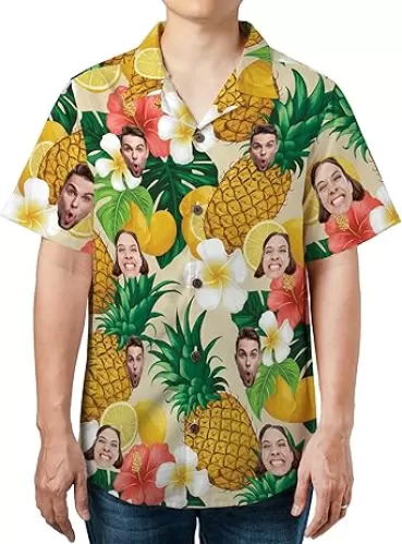 Hawaiian Shirts for Men Women, Custom Hawaii Shirt with Face, Personalized Hawaiian Summer Short-Sleeve, Casual Relaxed-Fit Button-Down, Vacation Holiday Shirt Gift Beige