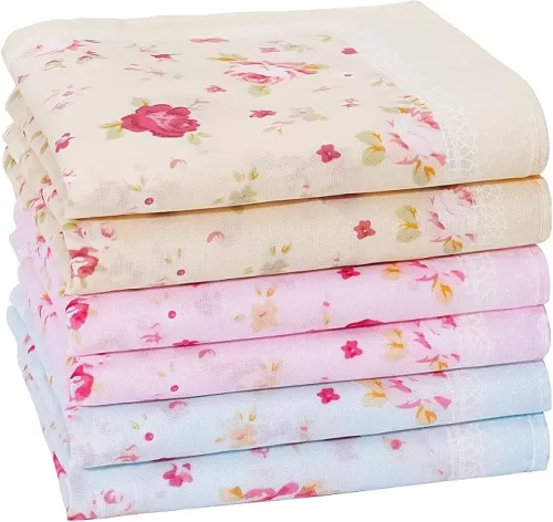 HOULIFE Handkerchiefs for Women, Soft Cotton Red Rose Floral Printing Handkerchief Vintage Women Flower Hankies
