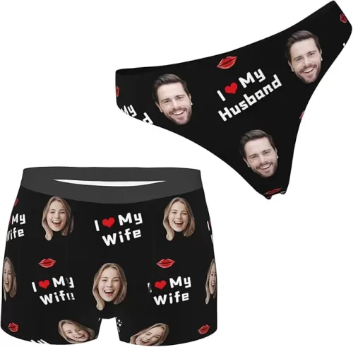 I Love My Wife/Husband Personalized Face Matching Underwear for Couples, Custom Photo Men Boxer Briefs Women Thong