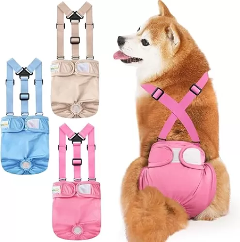 Idepet Female Dog Diapers with Suspender Detachable, 3 Pack Washable Reusable Girl Doggie Diapers for Small Medium Female Dog in Heat Period Cycle Urinary Incontinence Training XS