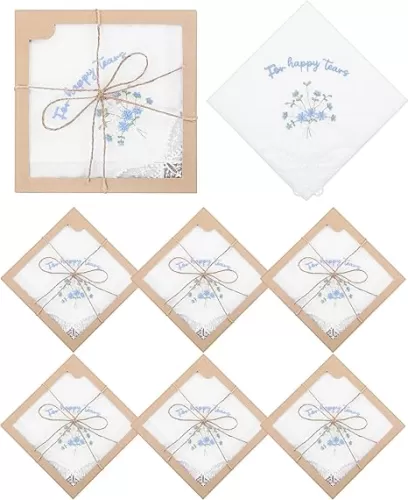Kinlop Embroidered Wedding Happy Tears Handkerchiefs, 11"x11" Handkerchiefs with Lace, Something Blue Gift for Bride Party