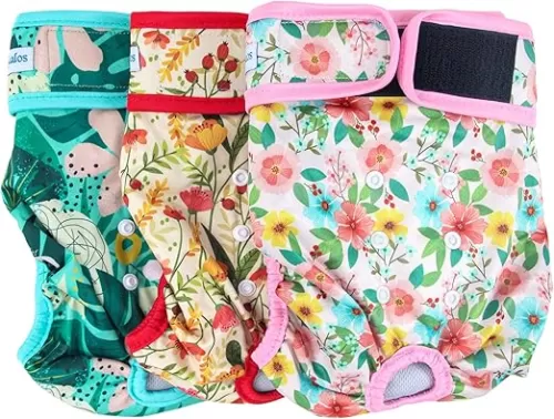 Leekalos Reusable Washable Dog Diapers Female (3 Pack) - Highly Absorbent Doggie Diapers - Size Adjustable Puppy Diapers for Dog Period Panties (Small, Flora)