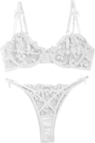 Lilosy Sexy Underwire Cute Push Up Strappy Embroidered Mesh Sheer Lingerie Set See Through Panty Bra