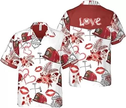 Love Firefighter Helmet Valentine Hawaiian Shirt, Pink Heart Red Floral Firefighter Hawaiian Shirt for Men, Aloha Beach Shirt, Men's Shirt Summer, Short Sleeve, Beach Shirts, Multicolor